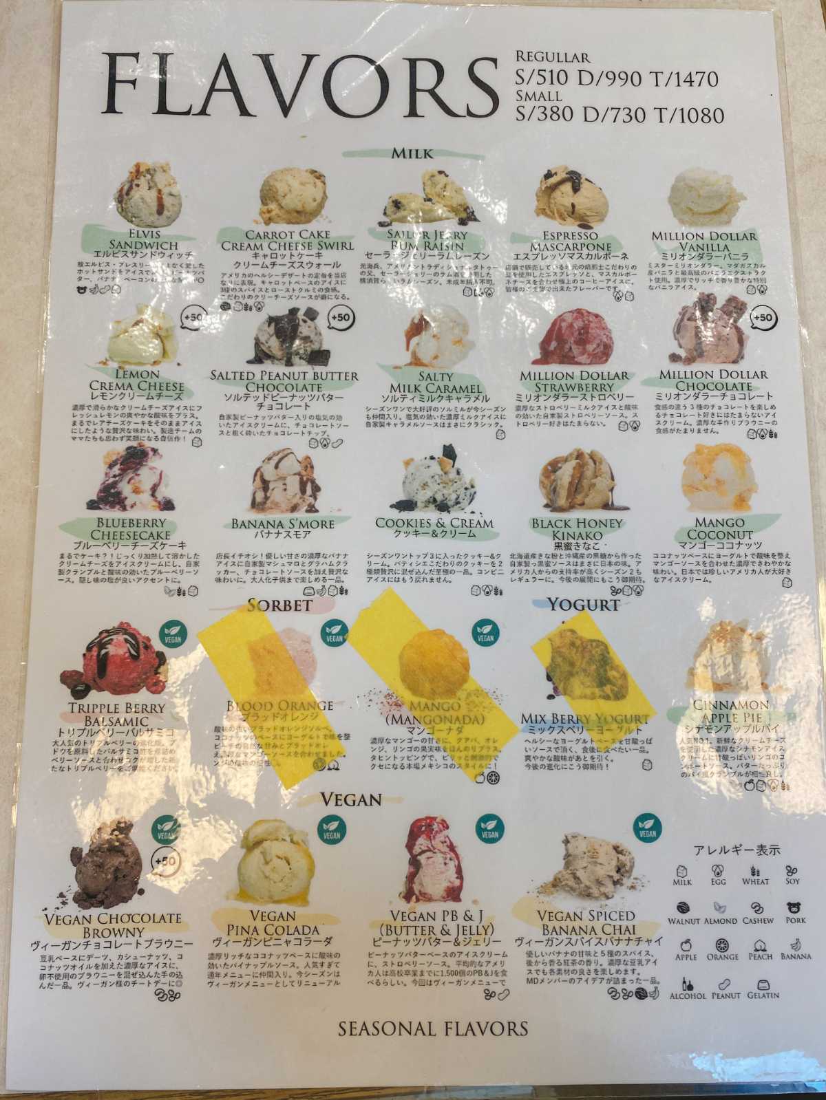 ミリオンダラーアイスクリームパーラー 店内のメニュー