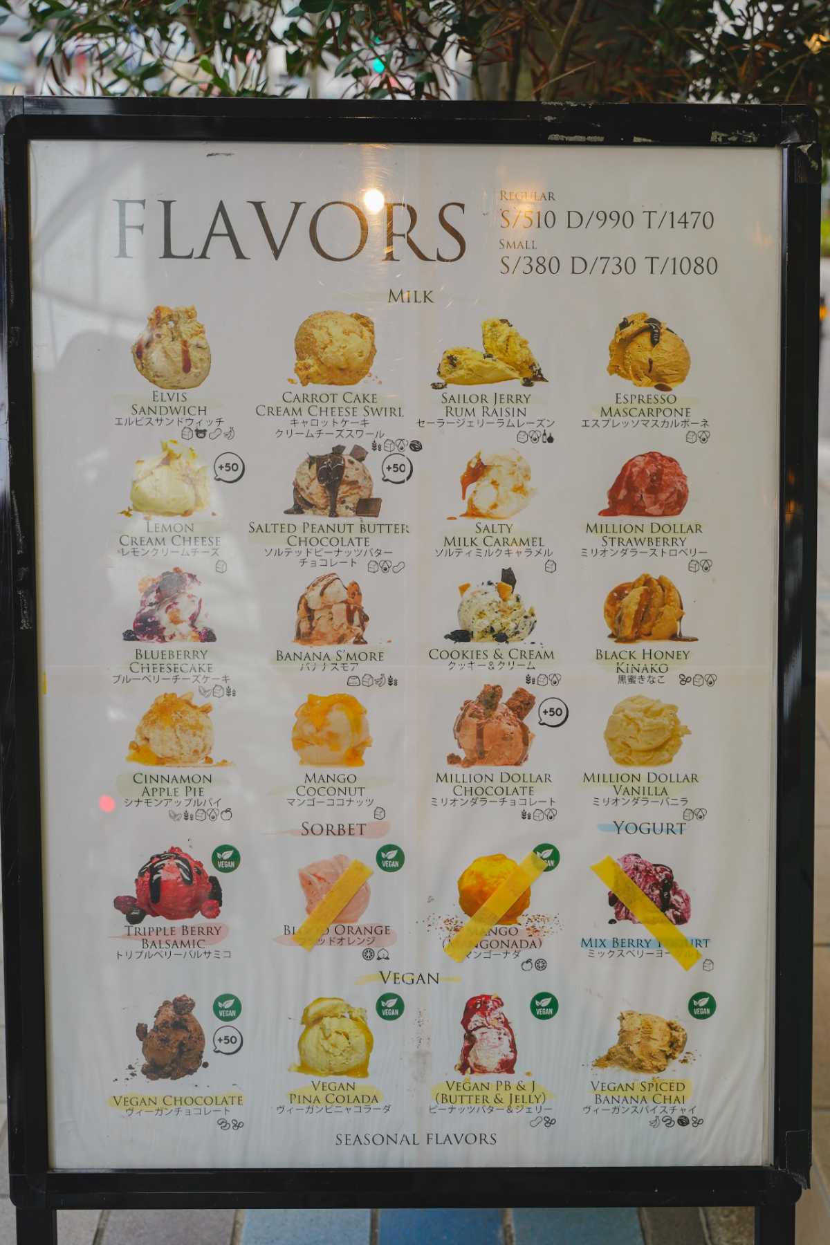 ミリオンダラーアイスクリームパーラー 店頭のメニュー