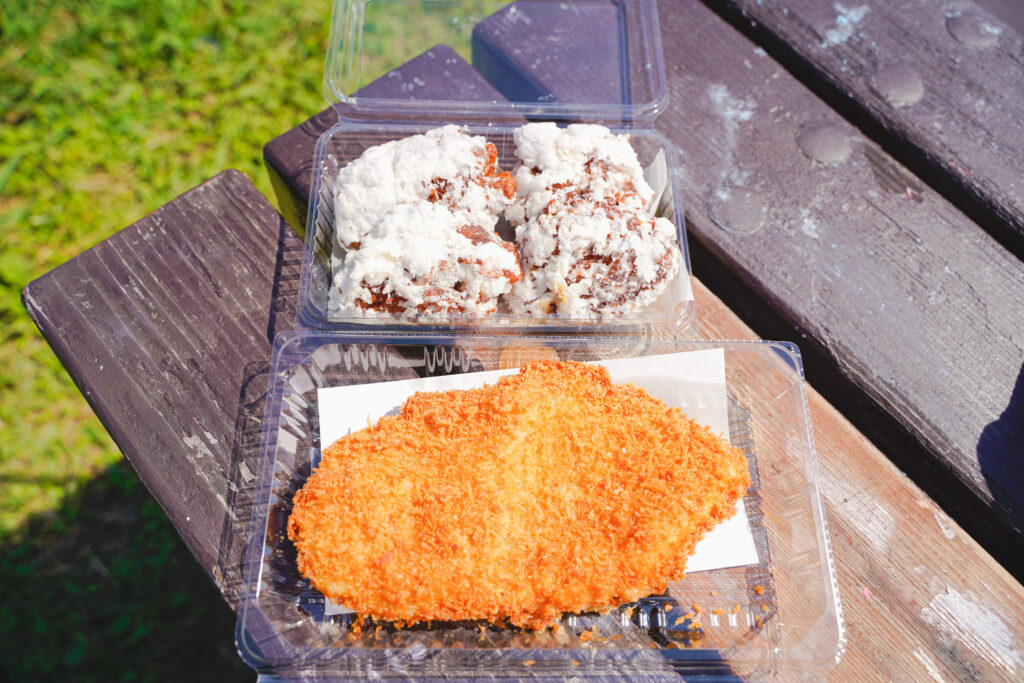 鳥久　惣菜からたつ　唐揚げとチキンカツを並べて大きさの比較